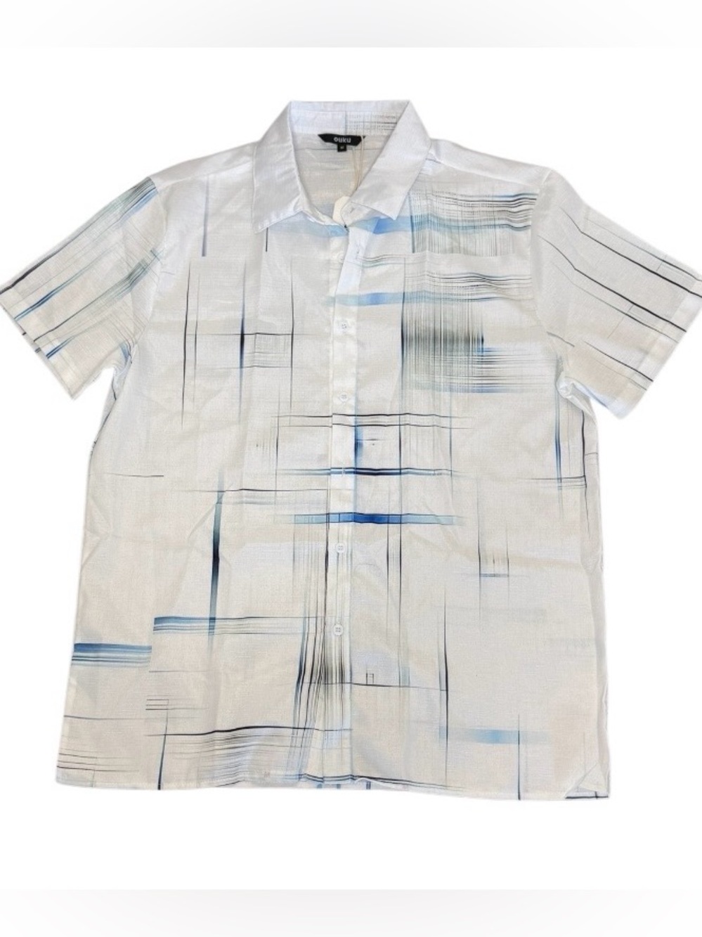 OUKU‎ Men's Short Sleeve Button
Front Shirt White Blue Abstract
Print Size M NWT
